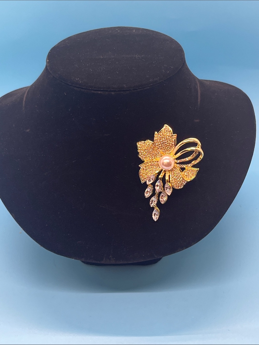 Gold Floral Crystal Brooch with Pearl Accent